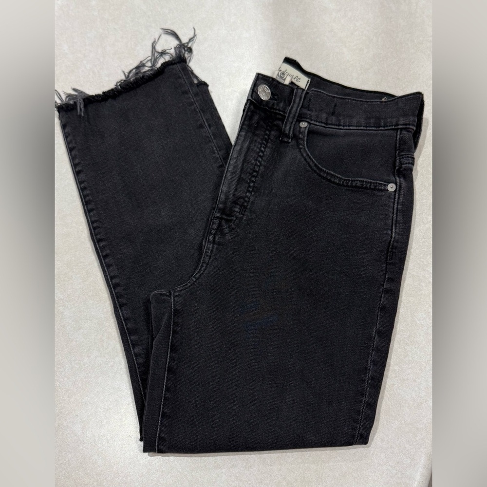 Madewell Women's High Waist Classic Straight Jeans Black Frayed Hem, Size 27